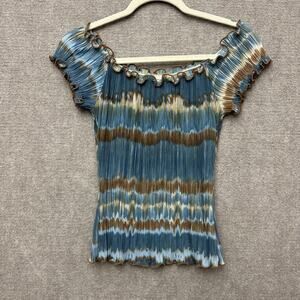 Vintage 90s Y2K Canal USA Pleated Plisse Tie Dye Off Shoulder Mesh Lettuce Trim
